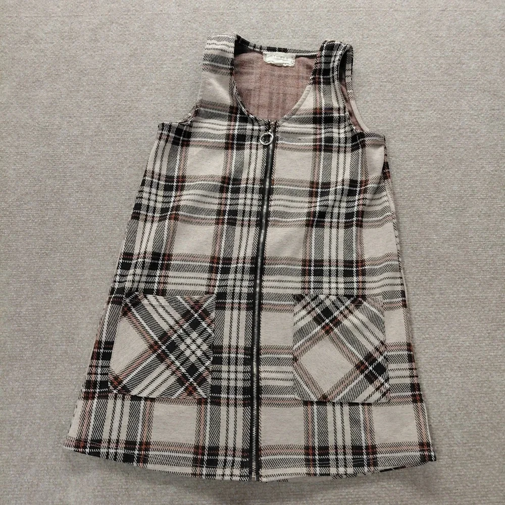 between Girls Full Front Zip Dress Size 8 Brown Tartan Plaid Fall School Preppy